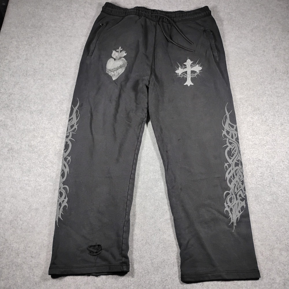 CTHDRL Men's Black Gothic Cross Graphic Wide Leg Fleece Sweatpants Size XL Y2K
